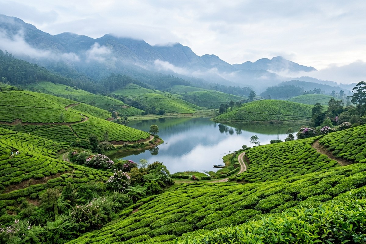 Devikulam picturesque green tea gardens, serene mountain lake and rolling high ranges