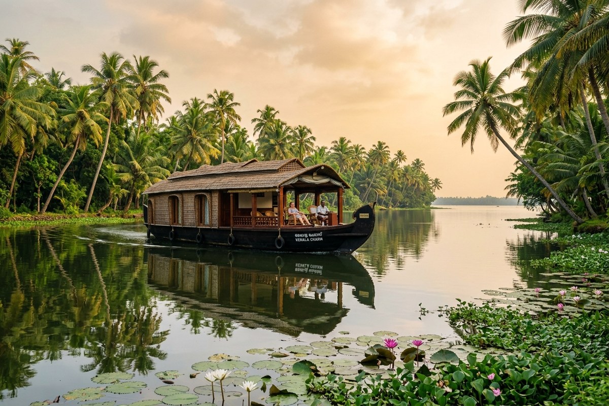 Traditional Kerala houseboat on tranquil Vembanad Lake backwaters framed by coconut palms