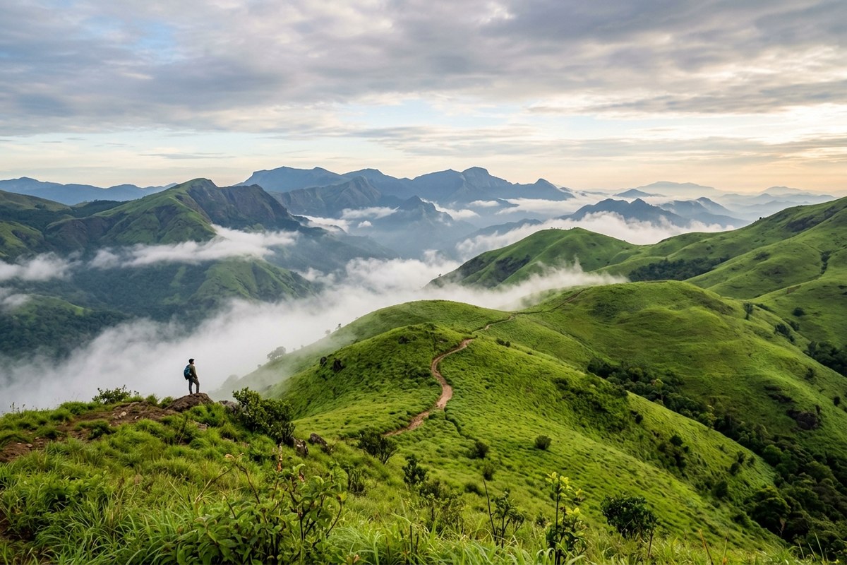 Panchalimedu rolling green grasslands, soft mist, and distant mountain ranges in Idukki